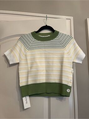 Derek Lam short Sleeve Striped Knit Top in White, Yellow & Green